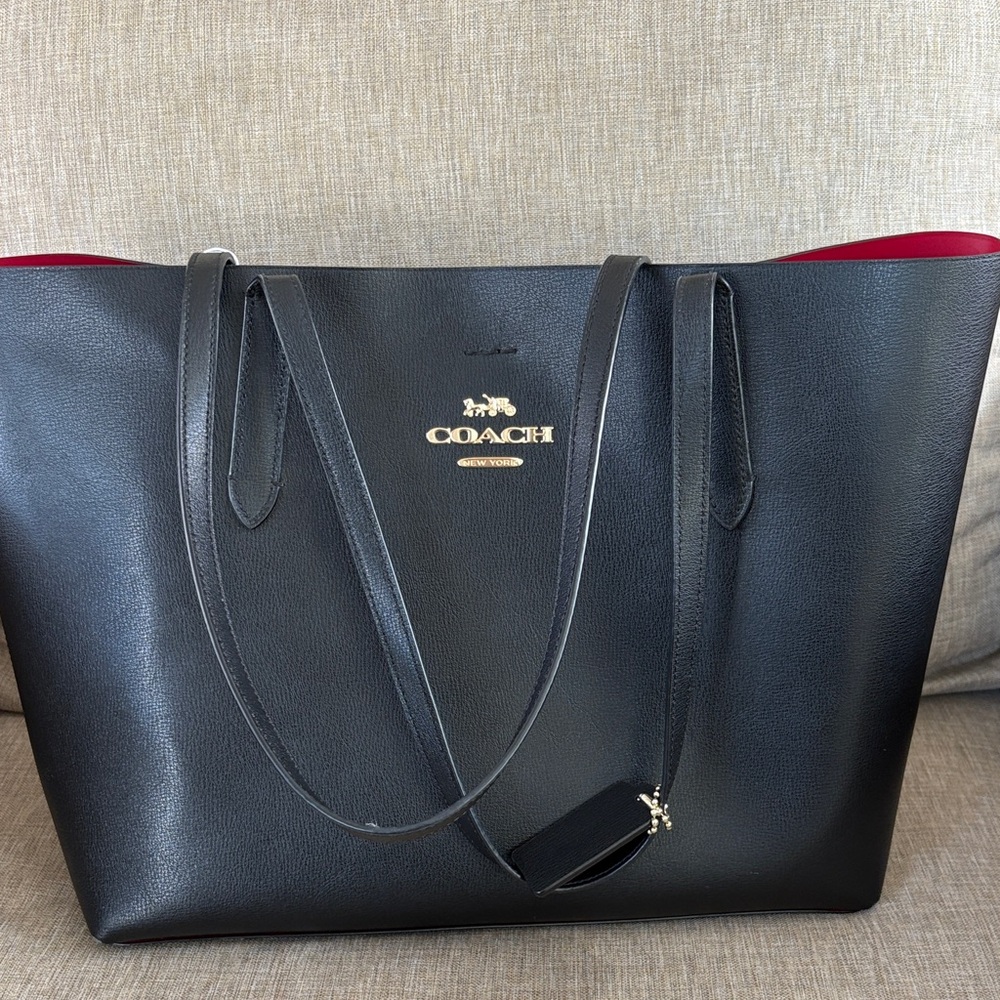 Coach Black Leather Tote with Red Interior